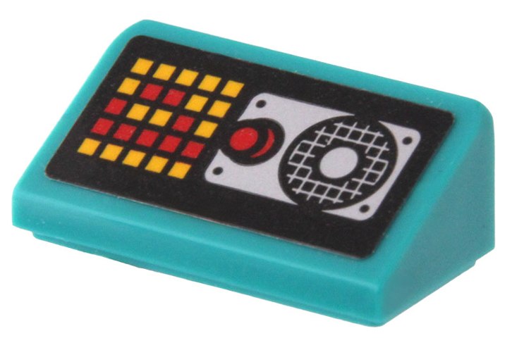 Lego Slope 30 1 x 2 x 2/3 with Red Button, Speaker Grille on Silver Background and Yellow Pixelated Display with Letter P Pattern (Sticker) - Set 80022 / Dark Turquoise