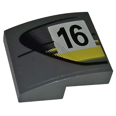 Lego Slope, Curved 2 x 2 x 2/3 with Black Number 16 and Double Yellow Stripes on Dark Bluish Gray Background Pattern Model Left Side (Sticker) - Set 75877