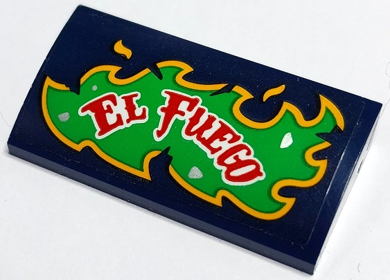 Lego Slope, Curved 2 x 4 x 2/3 with Bottom Tubes with Red and White 'EL FUEGO' on Bright Green and Bright Light Orange Flames Pattern Model Left Side (Sticker) - Set 70429