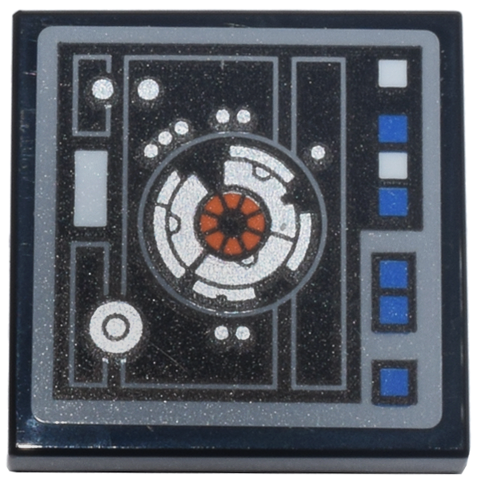 Lego Tile 2 x 2 with Control Panel, Light Bluish Gray Lines, Silver and Dark Orange SW Data Port, Blue Square Buttons Pattern (Sticker) - Set 75419