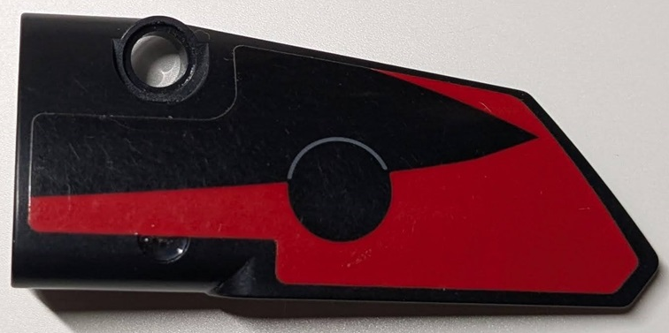 Lego Technic, Panel Fairing # 3 Small Smooth Long, Side A with Red Stripe and Circular Hole Outline Pattern (Sticker) - Set 42125 / Black