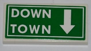 Lego Tile 2 x 4 with 'DOWN TOWN' and White Arrow on Green Background Pattern (Sticker) - Set 8197 / White