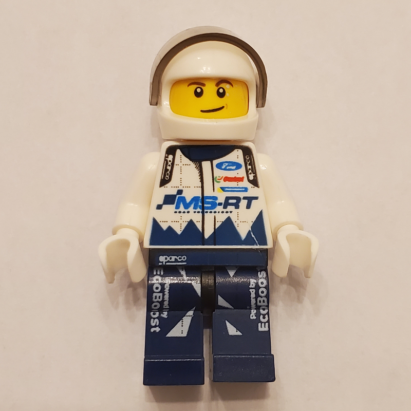 Lego Race Driver, White Torso, Dark Blue Legs, White Helmet, Ford