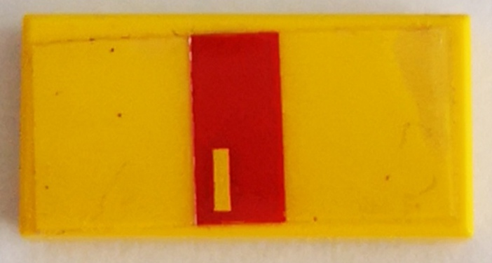 Lego Tile 1 x 2 with Yellow Rectangle in Red Stripe Pattern Model Right Side (Sticker) - Set 8082 / Yellow