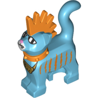 Lego Animal, Cat, Standing with Bright Light Orange Spiky Mohawk and Collar, Bright Light Orange Stripes, Sunglasses and Gold Chain Print / Medium Azure