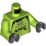 Lego Torso Racing Jacket, Dark Bluish Gray Trim, 'AMR' Logo Print, Lime Arms, Black Hands