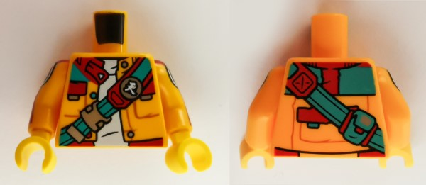Lego Torso Jacket with Pockets, White Shirt, Dark Turquoise and Red Strap with Chinese Logogram '天' (Sky) Button Pattern / Bright Light Orange Arms with Red Stripes and Black and White Targets Pattern / Yellow Hands