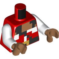 Lego Torso, Pixelated Pirate Shirt, White Collar, Black Strap, Gold Belt Buckle Print, White Arms, Medium Nougat Hands / Red