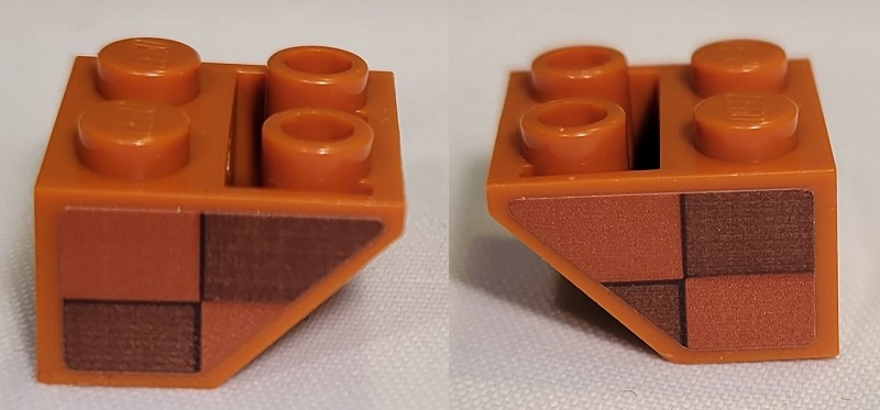 Lego Slope, Inverted 45 2 x 2 with Flat Bottom Pin with Dark Orange and Reddish Brown Checkered Pattern on Both Sides Model Left Side (Stickers) - Set 21331