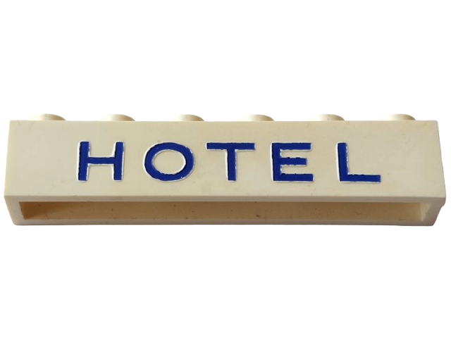 Lego Brick 1 x 6 without Bottom Tubes with Cross Side Supports with Blue 'HOTEL' Sans-Serif Thin (Letters Wide) Pattern / White