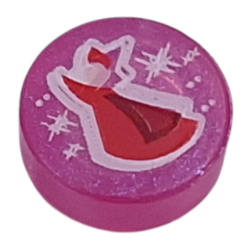 Lego Tile Round 1 x 1 with Red Fairy Godmother Print / Opal Trans-Dark Pink