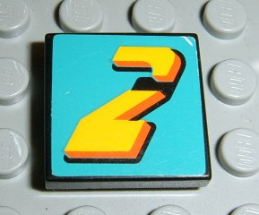 Lego Tile 2 x 2 with Number  2 Yellow on Turquoise Background Pattern (Sticker) - Set 8202