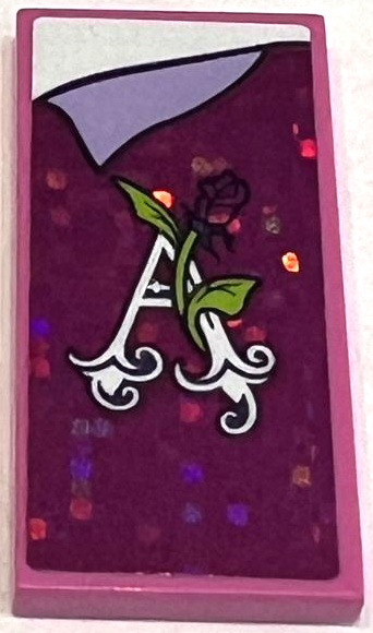 Lego Tile 2 x 4 with Holographic Magenta Blanket, Rose with Lime Stems and Leaves, Letter A, Folded Lavender Corner, White Bedsheet Pattern (Sticker) - Set 41162 / Dark Pink