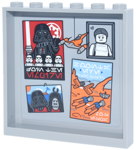 Lego Panel 1 x 6 x 5 with Posters, Darth Vader, Padmé, Emperor and Podracers, Aurebesh Characters 'JOIN THE EMPIRE' and 'BOONTA EVE CLASSIC MOS ESPA' Pattern (Sticker) - Set 75419 / Light Bluish Gray
