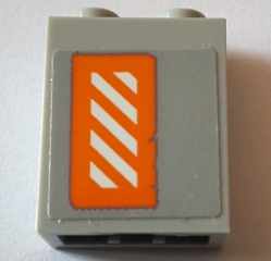 Lego Brick 1 x 2 x 2 with Inside Stud Holder with Worn Orange and White Danger Stripes Pattern Right Wing Right Side (Sticker) - Set 75144 / Light Bluish Gray