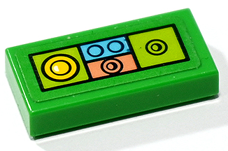 Lego Tile 1 x 2 with Heroica Game Board Section with Lime, Coral, Medium Azure and Yellow LEGO Parts Pattern (Sticker) - Set 41748 / Bright Green