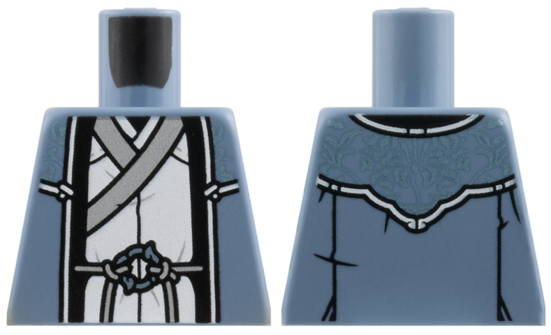Lego Torso Robe over White Tunic, Silver Lapels and String Belt, Metallic Light Blue Filigree and Belt Ornament Pattern / Sand Blue