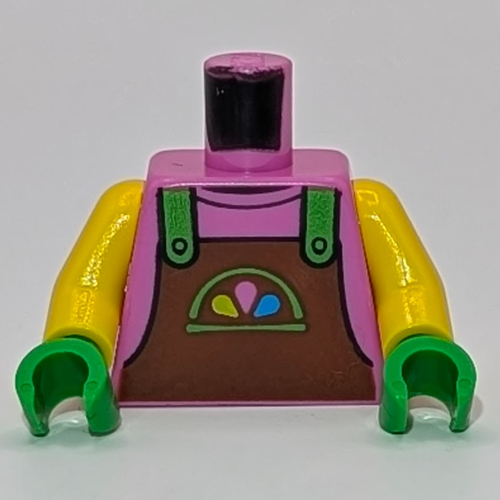 Lego Torso, Reddish Brown Apron, Bright Green Straps, Bright Green/Dark Pink/Blue Decorations Print, Yellow Arms, Bright Green Hands