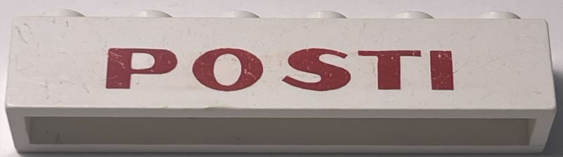 Lego Brick 1 x 6 without Bottom Tubes with Cross Side Supports with Red 'POSTI' Sans-Serif Large Pattern