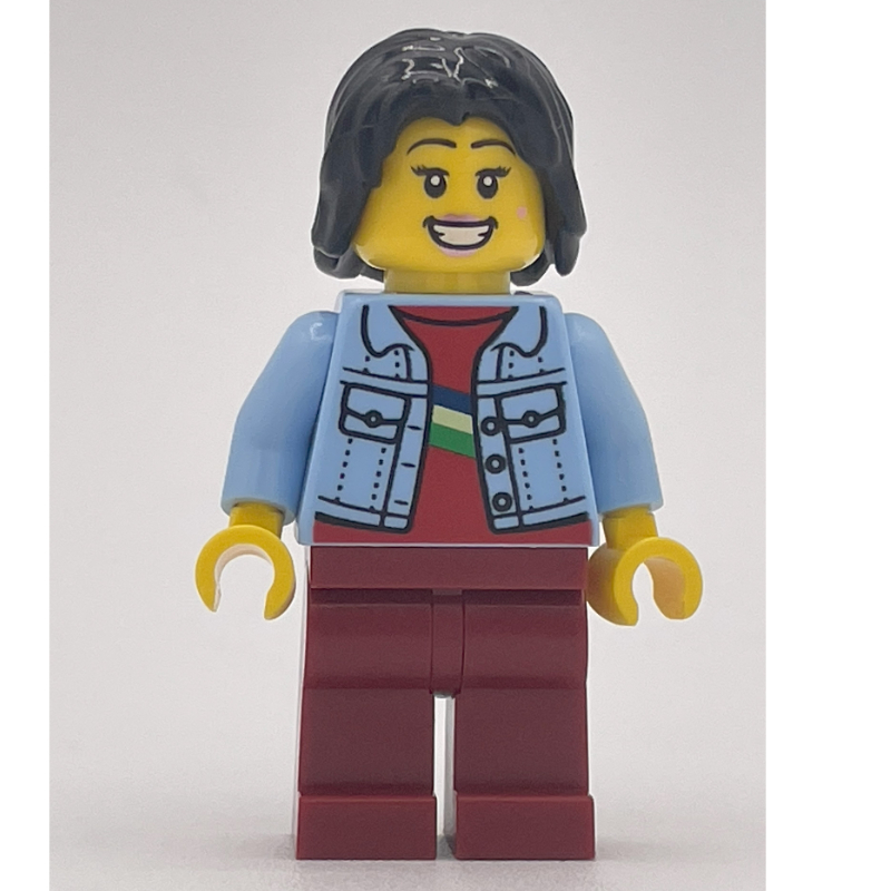 Lego Bright Light Blue Torso, Dark Red Legs, Black Hair