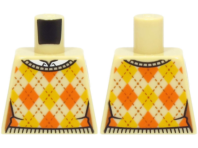 Lego Torso Female Knit Argyle Sweater Vest with Stitching, Orange and Bright Light Orange Diamonds, and White Shirt Pattern / Tan