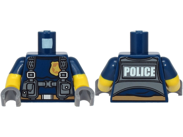 Lego Torso Police with Harness, Gold Star Badge Logo, Belt and 'POLICE' on Back Pattern / Yellow Arms with Molded Dark Blue Short Sleeves Pattern / Dark Bluish Gray Hands