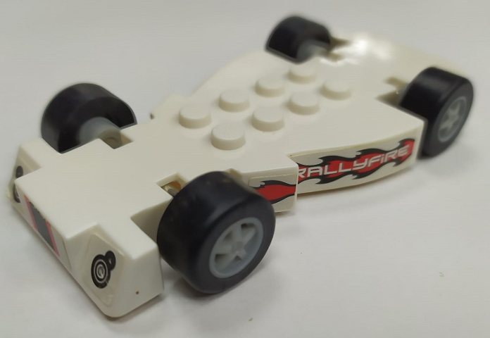 Lego Vehicle, Base Fast Food Racer 5 x 10 with Light Bluish Gray 5 Spoke Wheels and Black Tires with Headlights, Flames, Taillights and 'RALLYFiRE' Pattern (Stickers) - Gear McDR2US / McDR3