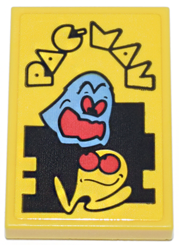 Lego Tile 2 x 3 with Black Outline 'PAC-MAN' Logo and Yellow PAC-MAN and Medium Blue Ghost (Inky) Characters with Red Eyes and Open Mouth on Black Maze Pattern (Sticker) - Set 10323 / Yellow