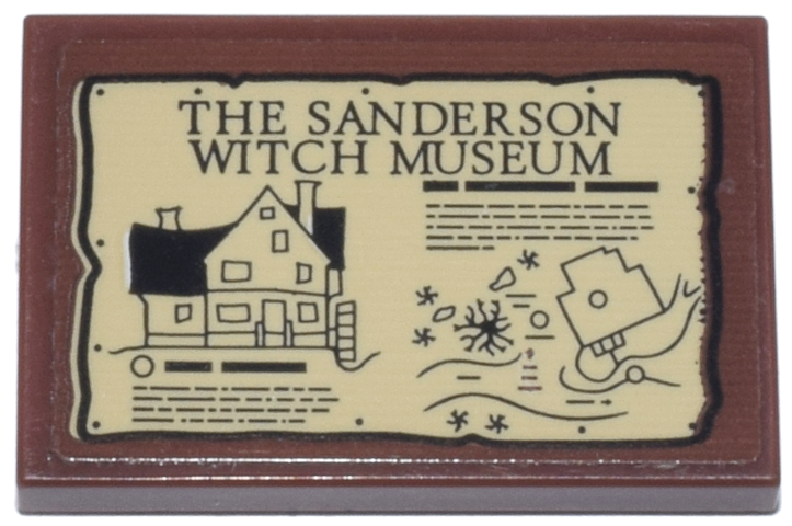 Lego Tile 2 x 3 with 'THE SANDERSON WITCH MUSEUM' and House on Tan Background Pattern (Sticker) - Set 21341 / Reddish Brown