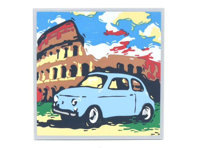 Lego Tile 6 x 6 with Bottom Tubes, Textured Surface with Bright Light Blue Fiat 500 and Colosseum Pattern (Sticker) - Set 77942 / Light Bluish Gray