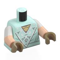 Lego Torso, Dual Molded Arms, Dress, Triangle Front, Silver/Sand Green Decorations, Belt, Dark Tan Shirt Print, White Sleeves Pattern, Light Nougat Arms, Dark Tan Hands / Light Aqua