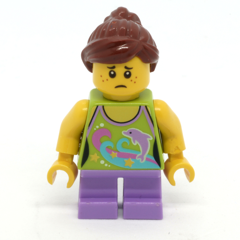 Lego Kid - Lime Torso, Medium Lavender Legs, Reddish Brown Hair