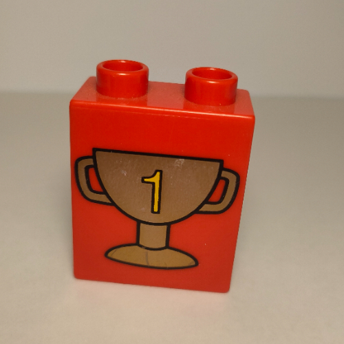 Lego Duplo Brick 1 x 2 x 2 with Trophy Cup Number 1, Dark Gold Print / Red