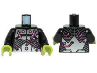 Lego Torso Armor with Silver Metal Plates and Dark Pink Electrical Wires and Buttons Pattern / Black Arms / Lime Hands