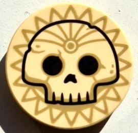 Lego Tile, Round 2 x 2 with Bottom Stud Holder with Black Skull Outline on Dark Tan Sun Pattern / Tan