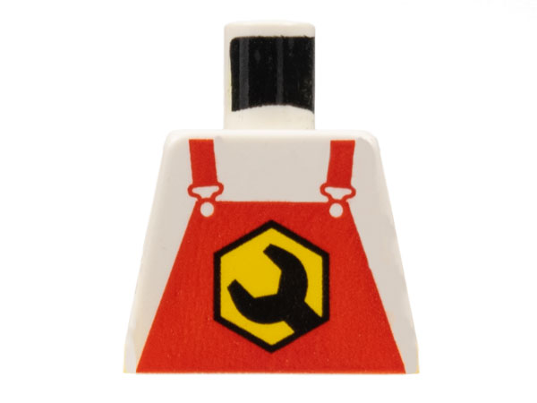 Lego Torso Overalls Red with Black Wrench Head in Yellow Hexagon Pattern / White