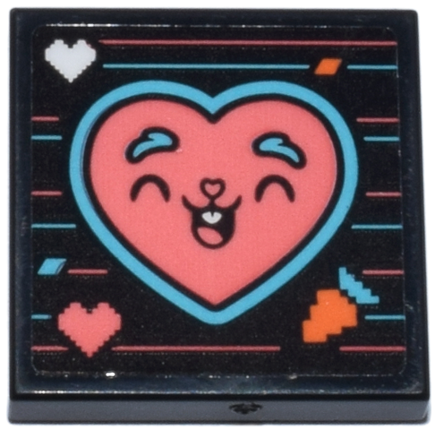 Lego Tile 2 x 2 with Medium Azure and Coral Stripes and Heart with Smiling Face, Pixelated Orange Carrot and Diamond Pattern (Sticker) - Set 71490