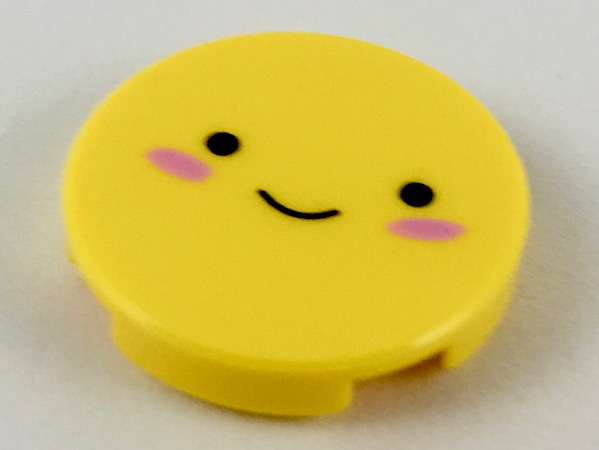 Lego Tile, Round 2 x 2 with Bottom Stud Holder with Black Eyes and Small Smile, Dark Pink Blush Pattern