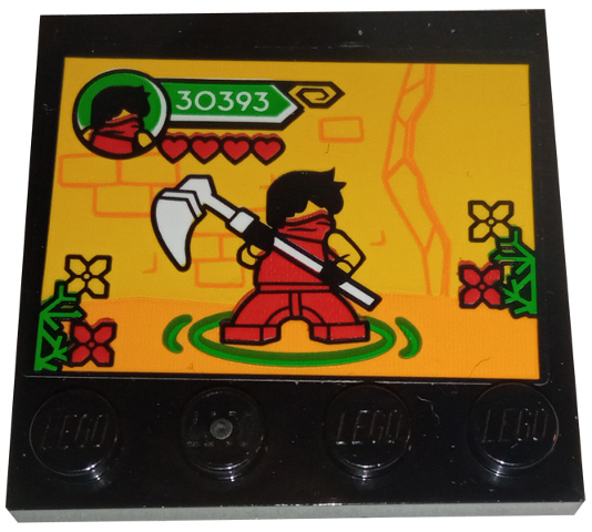 Lego Tile, Modified 4 x 4 with Studs on Edge with Video Game Screen, '30393', Flowers, Red Hearts and Ninjago Kai Ninja Minifigure Pattern (Sticker) - Set 60291 / Black