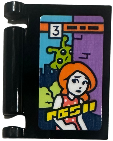 Lego Minifigure, Utensil Book Cover with Comic Issue Number 3 with Lime Alien Looking at Girl Around Medium Lavender Building Pattern (Sticker) - Set 42674 / Black