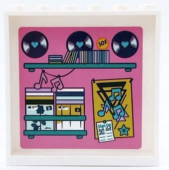 Lego Panel 1 x 6 x 5 with Shelves, Vinyl Records, CDs and Poster with Music Notes on Dark Pink Background Pattern (Sticker) - Set 41450 / White