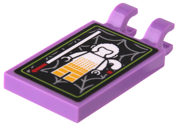 Lego Tile, Modified 2 x 3 with 2 Open O Clips with White and Yellow Monkie King Minifigure and Silver Spider Web on Black Background Pattern (Sticker) - Set 80022 / Medium Lavender