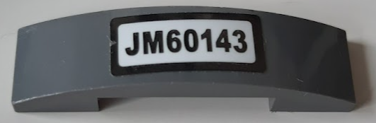 Lego Slope, Curved 4 x 1 x 2/3 Double with 'JM60143' Pattern (Sticker) - Set 60143 / Dark Bluish Gray
