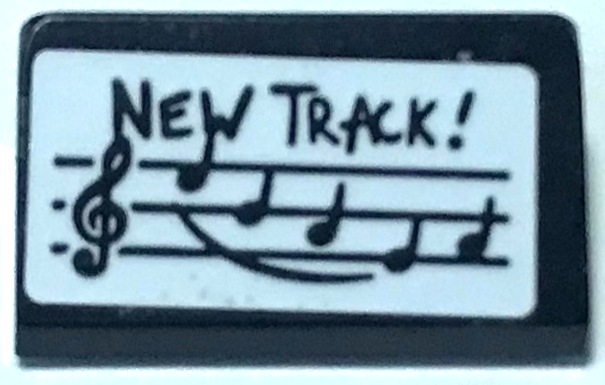 Lego Slope 30 1 x 2 x 2/3 with Music Notes / Musical Score and 'NEW TRACK!' on White Background Pattern (Sticker) - Set 70922