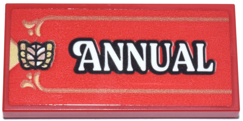Lego Tile 2 x 4 with Dark Tan and Tan Lines and Emblem and Black and White 'ANNUAL' Pattern (Sticker) - Set 40913 / Red