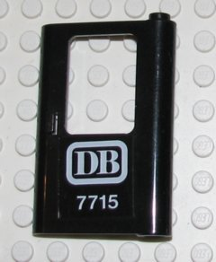Lego Door 1 x 4 x 5 Train Right, Thin Support at Bottom with 'DB 7715' Pattern (Sticker) - Set 7715 / Black