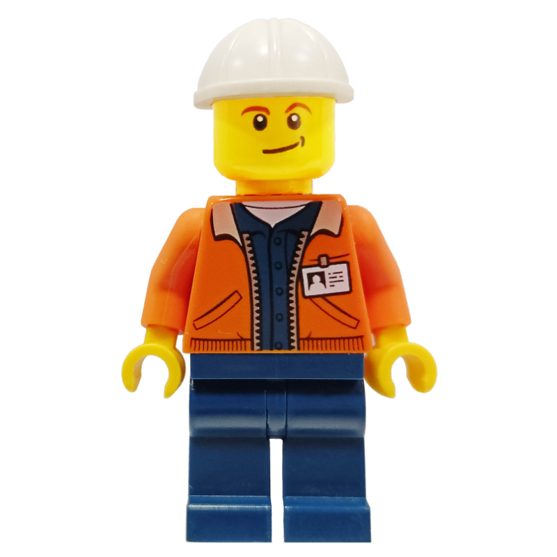 Lego Miner, Open Orange Jacket with ID Badge, White Hard Hat