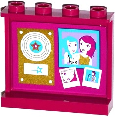 Lego Panel 1 x 4 x 3 with Side Supports - Hollow Studs with Vinyl Record with Star on Gold Plaque and Photos Pattern on Inside (Sticker) - Set 41104 / Magenta