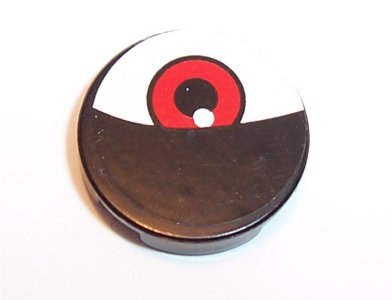 Lego Tile, Round 2 x 2 with Eyelid and Red Eye on White Background Pattern (Sticker) - Set 8277 (Undertermined Type) / Black
