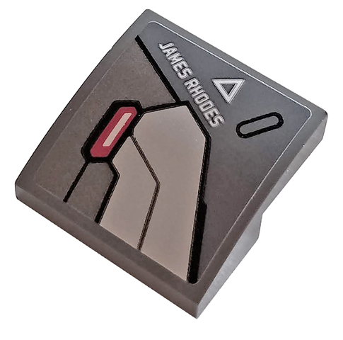 Lego Slope, Curved 2 x 2 x 2/3 with 'JAMES RHODES', Hull Plate, Red Light and White Triangle Pattern (Sticker) - Set 76124 / Dark Bluish Gray